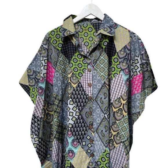 Patchwork Print Long Shirt O/S Green Kaftan Boho Artsy Cottagecore Prairie - Picture 2 of 9